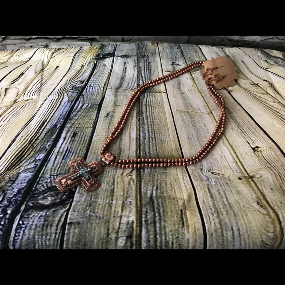 Bronze Cross w/ Turquoise Stones Necklace set!